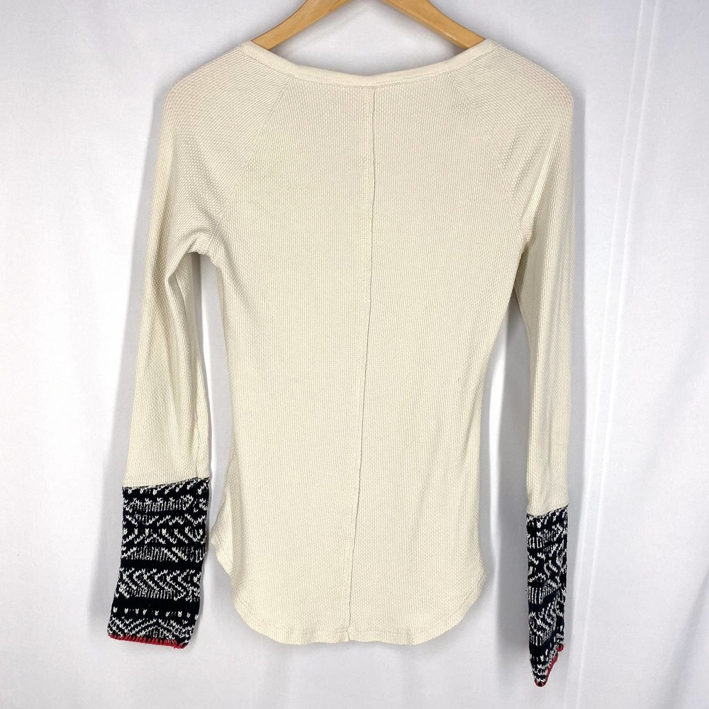 Free People Cream Long Sleeve Tee with Black Patterned Cuffs - Picture 2 of 8